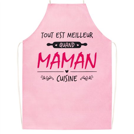 GEBETTER Tablier Cuisine Maman Idée Cadeau “TOUT EST MEILLEUR QUAND MAMAN CUISINE” Rose Cadeau Original pour Noël Fête Mère Anni