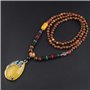 THTHT Vintage en Perles Long Collier Chaîne Chandail Sculpture sur Bois Naturel Ethnique Résine Jaune Peacock Bohemian Unisexe A