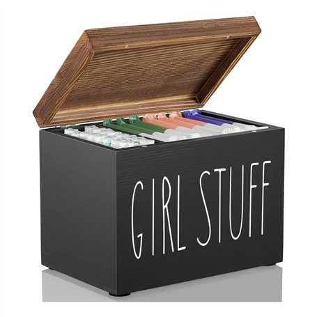 Jomeis Girl Stuff Boîte de rangement | Organiseur de salle de bain pour produits d'hygiène féminine | En bois avec couvercle à c