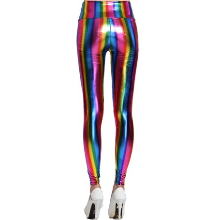 Hologramme métallique Arc en Ciel Leggings Paillettes néon Collants Rayures imprimé Taille Haute Pantalon de Yoga Simili Cuir Pa