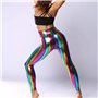 Hologramme métallique Arc en Ciel Leggings Paillettes néon Collants Rayures imprimé Taille Haute Pantalon de Yoga Simili Cuir Pa