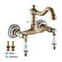 Robinet bronze mural en laiton avec double poignées en céramique Rotation 360 ° Robinet pour cuisine mural vintage support chaud
