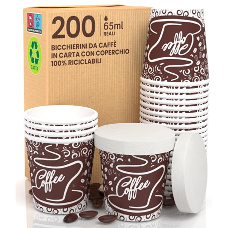Lot de 200 verres en papier pour café 65 ml à emporter BrownCUP avec couvercle en papier