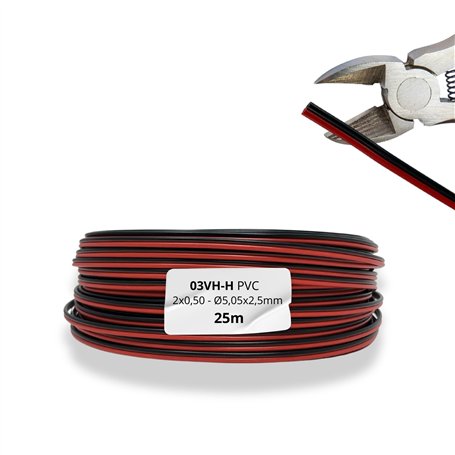 HALOTEC 25 mètres Câble parallèle flexible rouge et noir PVC 2 x 0