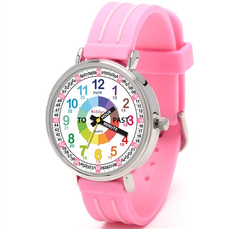 Kiddus Montre Bracelet Éducative pour Enfants. Analogique avec Exercices. Mécanisme en Quartz Japonais. English Version. Pink