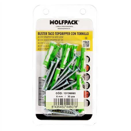 WOLFPACK LINEA PROFESIONAL - Blister Chevilles Topgripper bi-matière avec vis Ø 6 mm. 30 pièces chevilles ancrages universelles