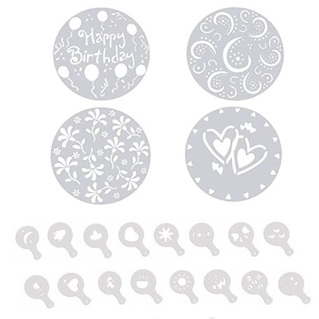 4 Pièces Pochoir à Gâteau + 16 Pièces Pochoirs à Café Cappuccino