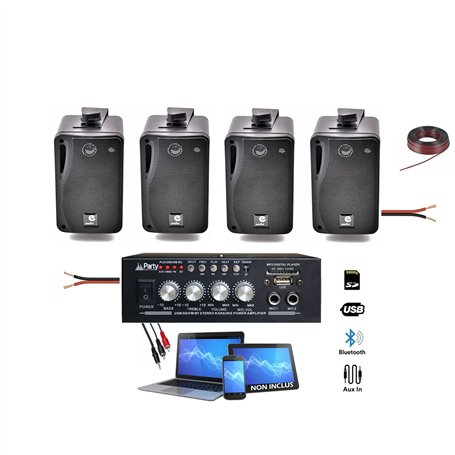 Party Light & Sound - Pack HiFi Ampli Party PLS1250USB-RC Tuner USB Bluetooth - Télécommande - 4 Enceintes E Audio 80W - Restaur