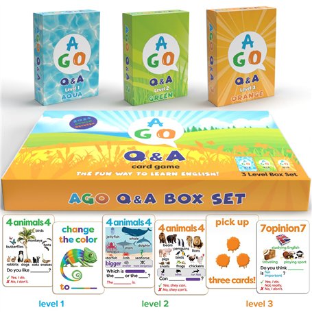 Jeu de société pour Apprendre l'anglais AGO Q&A: Coffret de 3 Jeux de Cartes pour découvrir Le vocabulaire de l'anglais Quotidie