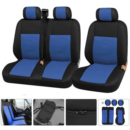 JJ Ensemble de Housses de Siège Avant 2+1 Couvre-Sieges Bleu - Noir Universelles pour Vehicules Utilitaires Bus Van Fourgon Cami