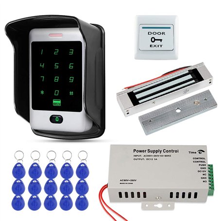 FST Système de Contrôle d'accès de Porte RFID Clavier RFID étanche Extérieur + Serrure Magnétique électrique 180KG + Couverture