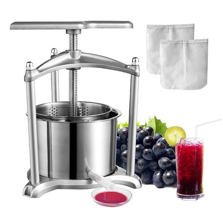 VEVOR Pressoir à Fruits Manuel 6 L Pressoir à Vin en Inox Base en Aluminium Presse-Fruits Manuel Baril Intérieur 18 x 15 cm Broy