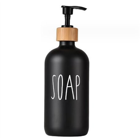 Distributeur de savon en verre noir de 500 ml avec pompe en bois rechargeable Boston ronde porte-savon pour les mains