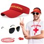 LOHAME 3 Pièces Ensemble de Costume de Sauveteur Accessoires Sauveteur Déguisement Adulte Sauveteur Chapeau de Sauveteur Sifflet