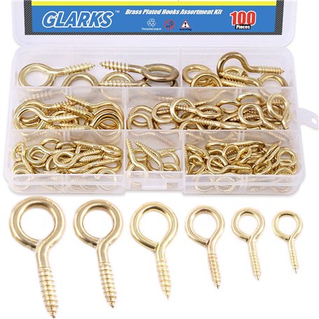 Glarks Assortiment de 100 crochets à vis en forme d'œillet en laiton plaqué 6 tailles