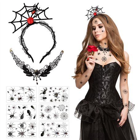 LOHAME 8pcs Déguisement Halloween Femme avec Bandeau Halloween Araignée Tatouage Halloween Araignée Temporaire Collier Ras de Co