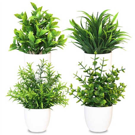 MEMOFYND Lot de 4 plantes artificielles en plastique - Petites plantes vertes en pot pour la maison