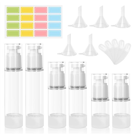 Airless Lot de 6 distributeurs à pompe 15 ml/30 ml/50 ml - Flacon pompe vide - Bouteilles de voyage à remplir avec autocollants