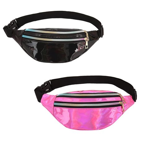 Lot de 2 Sac Banane Femme，Sac Banane Ceinture Brillant，pour Femme Homme Enfant Voyage Course à Pied Festival fête（Noir et Rose）.