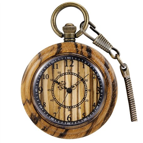 Montre de poche classique à quartz en bois avec cadran ouvert et pendentif steampunk pour cadeau d'anniversaire de Noël et boîte