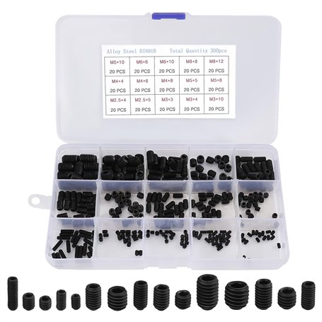 Tunejoy 300 Pièces Vis Sans Tête Hexagonale Vis à Tête Conique M2.5 M3 M4 M5 M6 M8 Assortiment à Six Pans Creux en Acier avec Cl