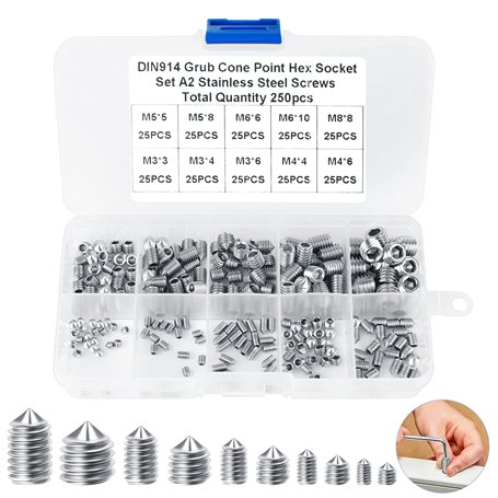 Vis Sans Tête Hexagonale Assortiment de Vis 250 Pcs Sans Tête M3 M4 M5 M6 M8 Douille Hexagonale Vis Pointeau Kit de Vis à Six Pa