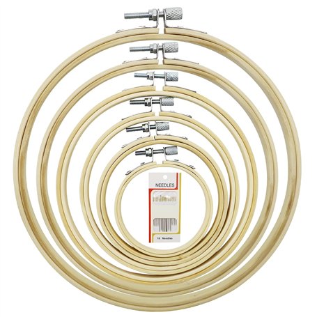 Lot de 6 Cadres à Broder Ronds en Bambou et 16 Aiguilles à Coudre - Réglables