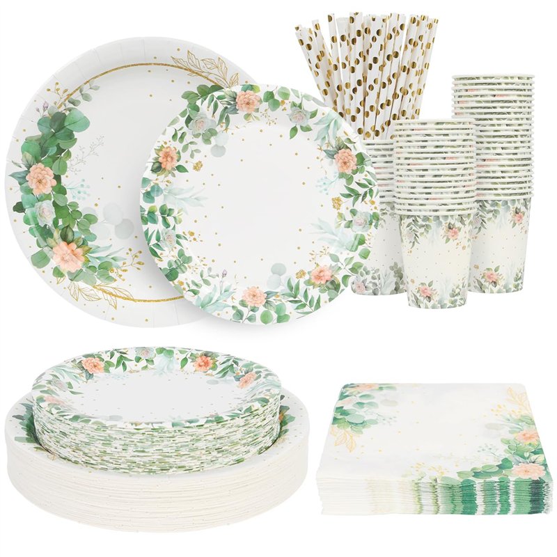 Lot de 50 assiettes jetables en carton vert sauge pour 50 personnes, assiettes, tasses et serviettes pour fête prénatale, annive