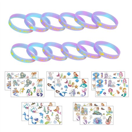 ZERHOK 12Pcs Bracelet Sirène Fluorescent en Silicone Bracelet Mermaid avec 10Pcs Tatouage Sirène Enfant Kit Décoration Accessoir