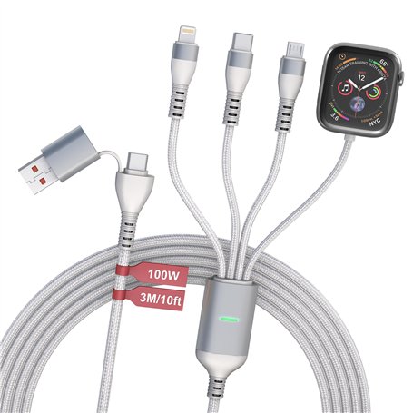 Câble Multi Chargeur de 10FT 100W pour Apple Watch - Câble de Chargeur Universel 4 en 1 avec Chargeur Apple Watch