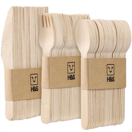 H&S Set Couverts Jetables en Bois - 150pcs - 50 Cuillères - 50 Couteaux - 50 Fourchettes - Cuillere Couteau et Fourchette Biodég