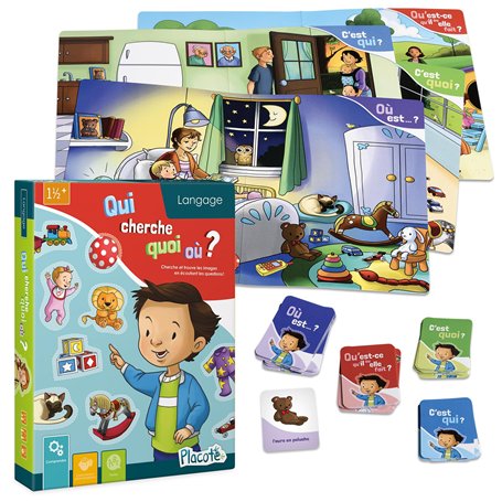 Placote – Qui cherche quoi où – Jeu éducatif – Jeu d’apprentissage pour le développement du langage – Cherche et trouve pour les