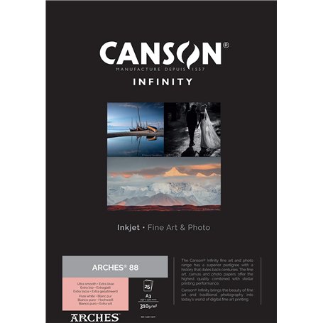 CANSON Infinity ARCHES 88 Rag - Tirage papier Fine Art ARCHES - Boîte de 25 feuilles A3 - Extra Lisse - Blanc Pur - 310g/m131