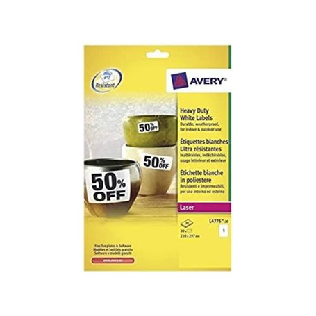 Avery L4775 Pack de 20 Etiquettes Adhésives ultra résistantes 210 x 297 mm Blanc