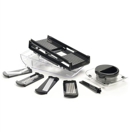 Mastrad – Mandoline avec réservoir – 2 Râpes et 3 Lames Acier Inoxydable – Facile D’Utilisation – Confort & Sécurité – 1 Réservo