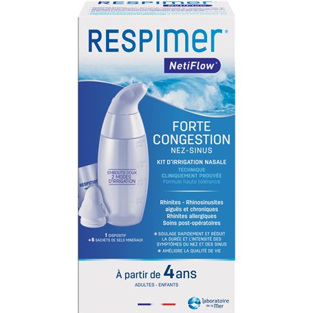 RESPIMER NetiFlow - Kit d'Irrigation Nasale - Lavage de Nez - 1 Dispositif breveté + 6 Sachets de Sel Nasal - Fabriqué en Bretag