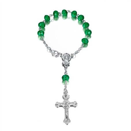 BOBIJOO Jewelry - Mini Chapelet Voiture Camion Bracelet Marie Vierge Croix Pendentif Argent et Vert