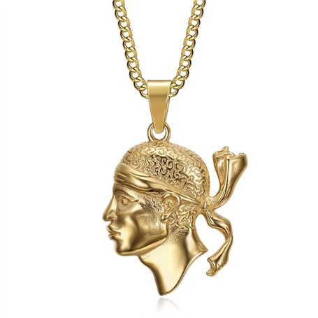 BOBIJOO Jewelry - Pendentif Tête de Maure en Acier Inoxydable Doré Or Fin avec Chaîne de 60cm