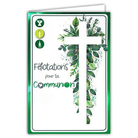 68-6006 Carte Félicitations pour ta Communion pour Garçon Fille Croix Chrétienne Catholique Feuillage Champêtre Vert Brillant -