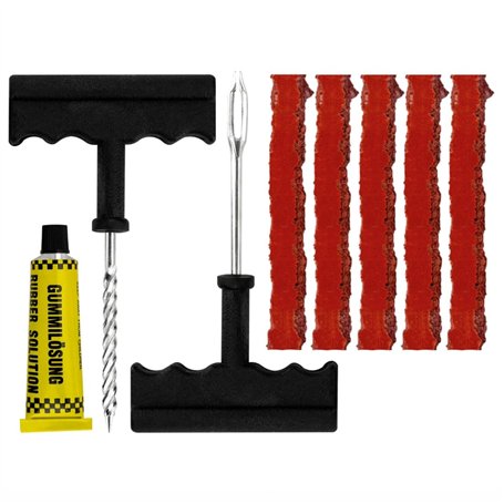 PARENCE.- Kit de Réparation de Pneu Tubeless - 5 Mèches 100 mm + Colle 10 ml + Fraise & Poinçon avec Poignée en T - Kit Crevaiso