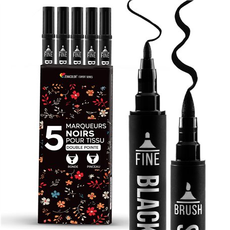 Zenacolor 5 Feutre Textile Permanent Noir à Double Pointe pour Vêtements - Marqueur Textile Permanent pour Personnaliser T-shirt