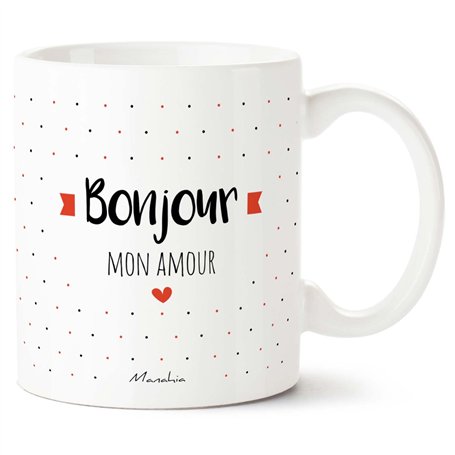 Manahia Mug Amour - Bonjour Mon Amour - Avec Boite Kraft - 330 mL Céramique - Imprimé en France - Saint Valentin - Cadeau Couple
