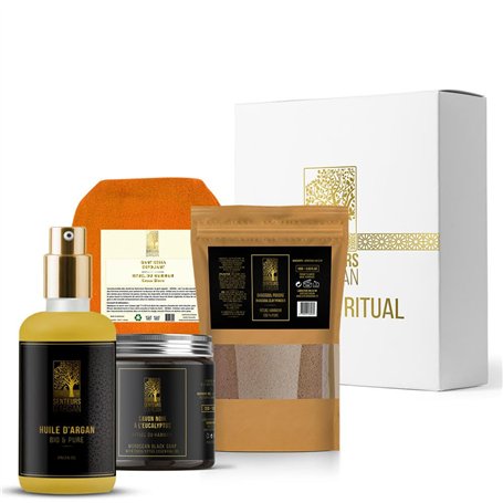 COFFRET CADEAU HAMMAM- Huile d'argan bio du Maroc 30ml- Gommage au Savon noir à l'Eucalyptus 200G- Gant de gommage corps Kessa H