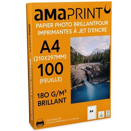Amaprint 100 feuilles Papier Photo A4 brillant 180g/m² pour Imprimante à jet d'encre - glacé - résistant à l'eau