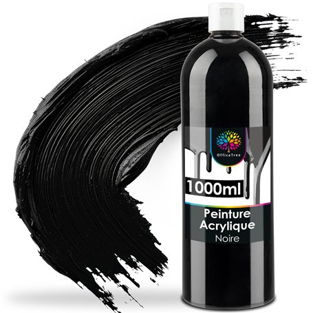OfficeTree Peinture Acrylique Noire 1000ml à Base d'eau - Peinture Noire pour Toile - Peinture Acrylique 1L - Black Acrylic Pain