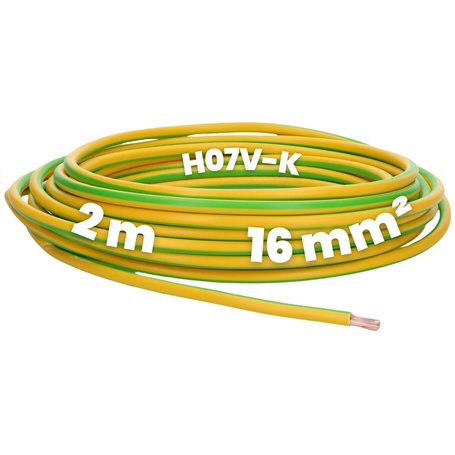 Kalitec Câble H07V-K 16 mm² Vert/Jaune 2 m - Câble de Terre Flexible - Conducteur de Protection - Toron Simple en PVC - Câblage