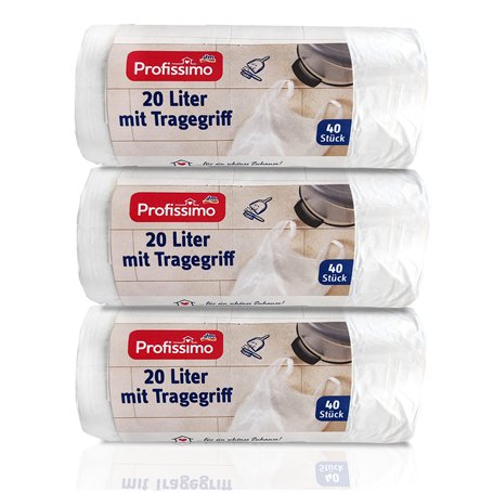 Sacs poubelle avec poignée - 20 L - Indéchirables et étanches - Lot de 3 - 120 sacs (3 x 40 sacs) - Emballage et produit recycla