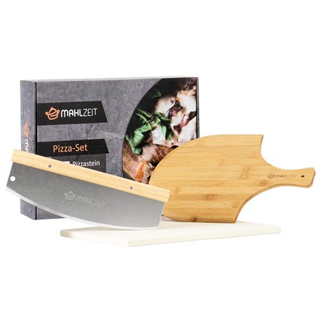 Mahlzeit Set de 3 pièces pour la pizza | 40 x 30 cm | Pierre à pizza avec pelle et couteau à pizza | Pierre à pizza pour le four