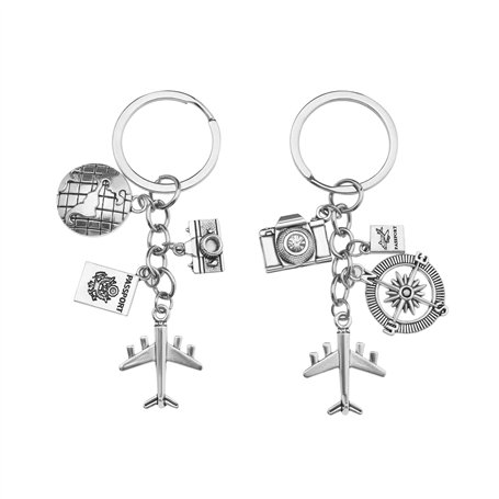 EMSea 2pcs Porte-clés Forme Avion Passeport Caméra Terre Boussole Pendentif à Breloque Ornement Porte-clés en Métal Décoration p