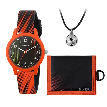 Tikkers Montre à quartz analogique pour garçon avec collier et portefeuille Noir/orange